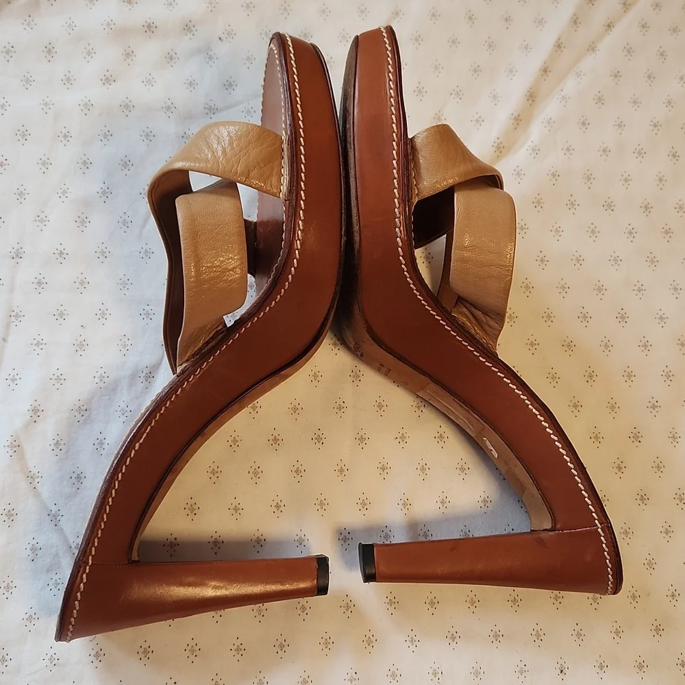Yves Saint Laurent Tan Leather Cross-strap Heels Platform Slides Size 39/8.5